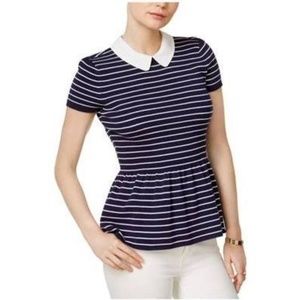 Maison Jules Blue Striped Peplum Top